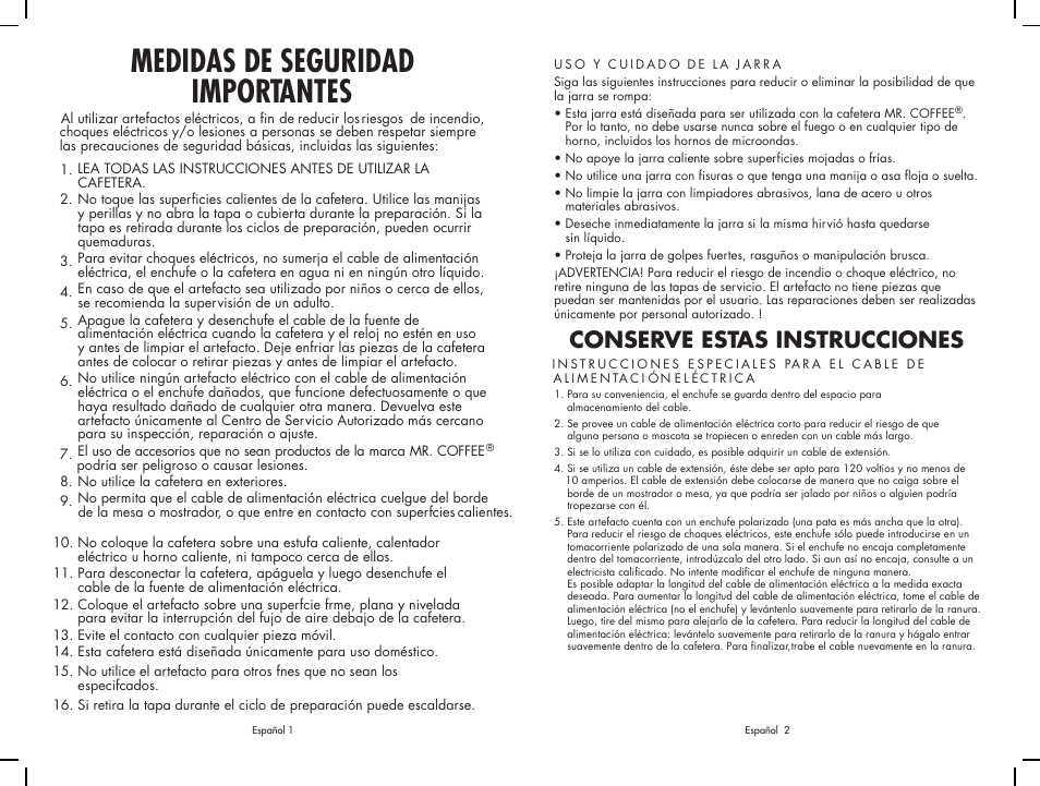 Medidas de seguridad importantes, Conserve estas instrucciones | Mr. Coffee JW Series User Manual | Page 7 / 12