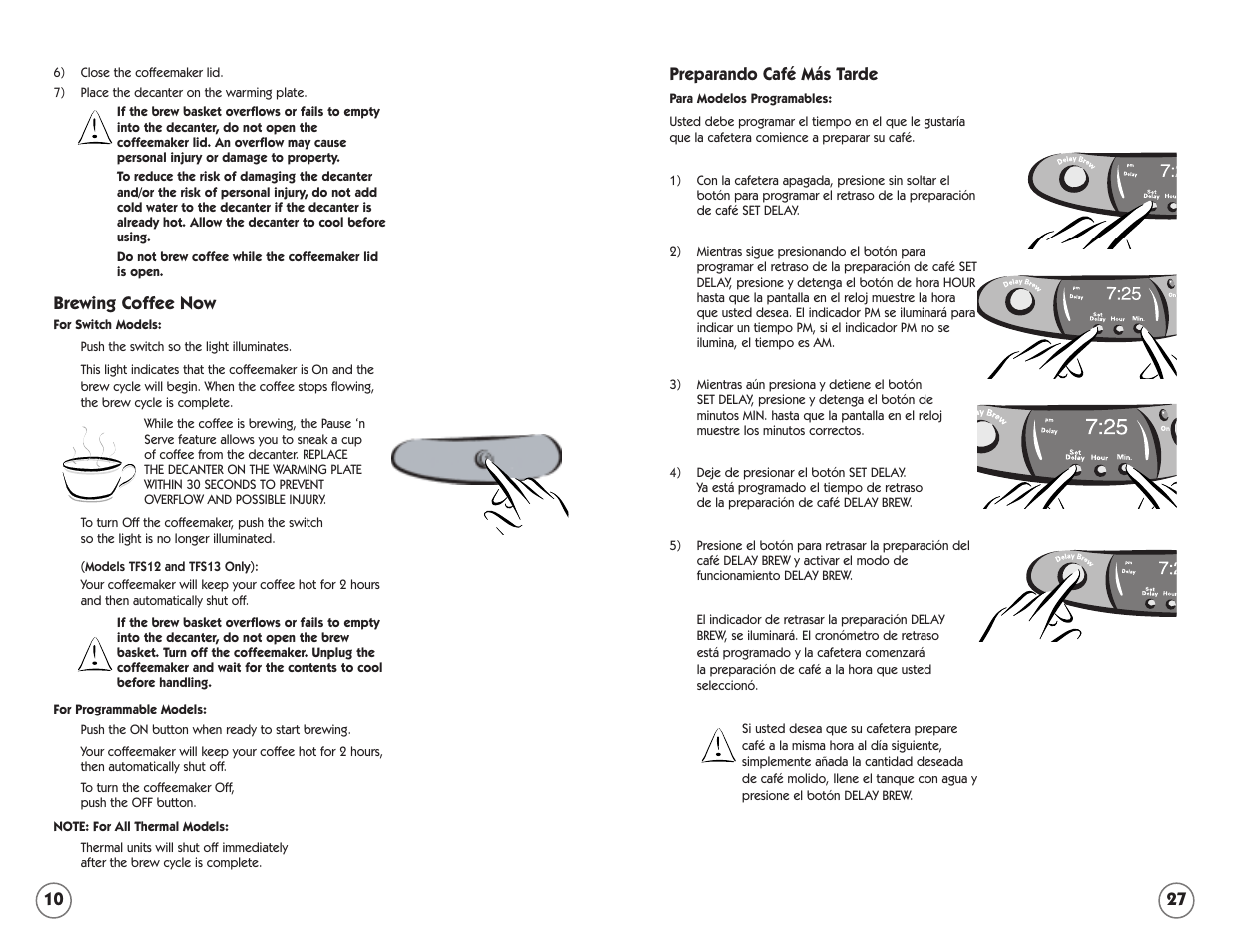 Brewing coffee now, 27 preparando café más tarde | Mr. Coffee TFTX85 User Manual | Page 10 / 18