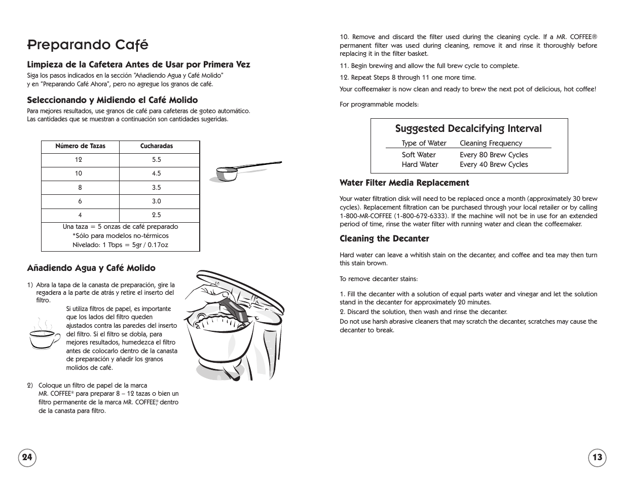 Preparando café, Suggested decalcifying interval | Mr. Coffee TFTX85 User Manual | Page 13 / 18