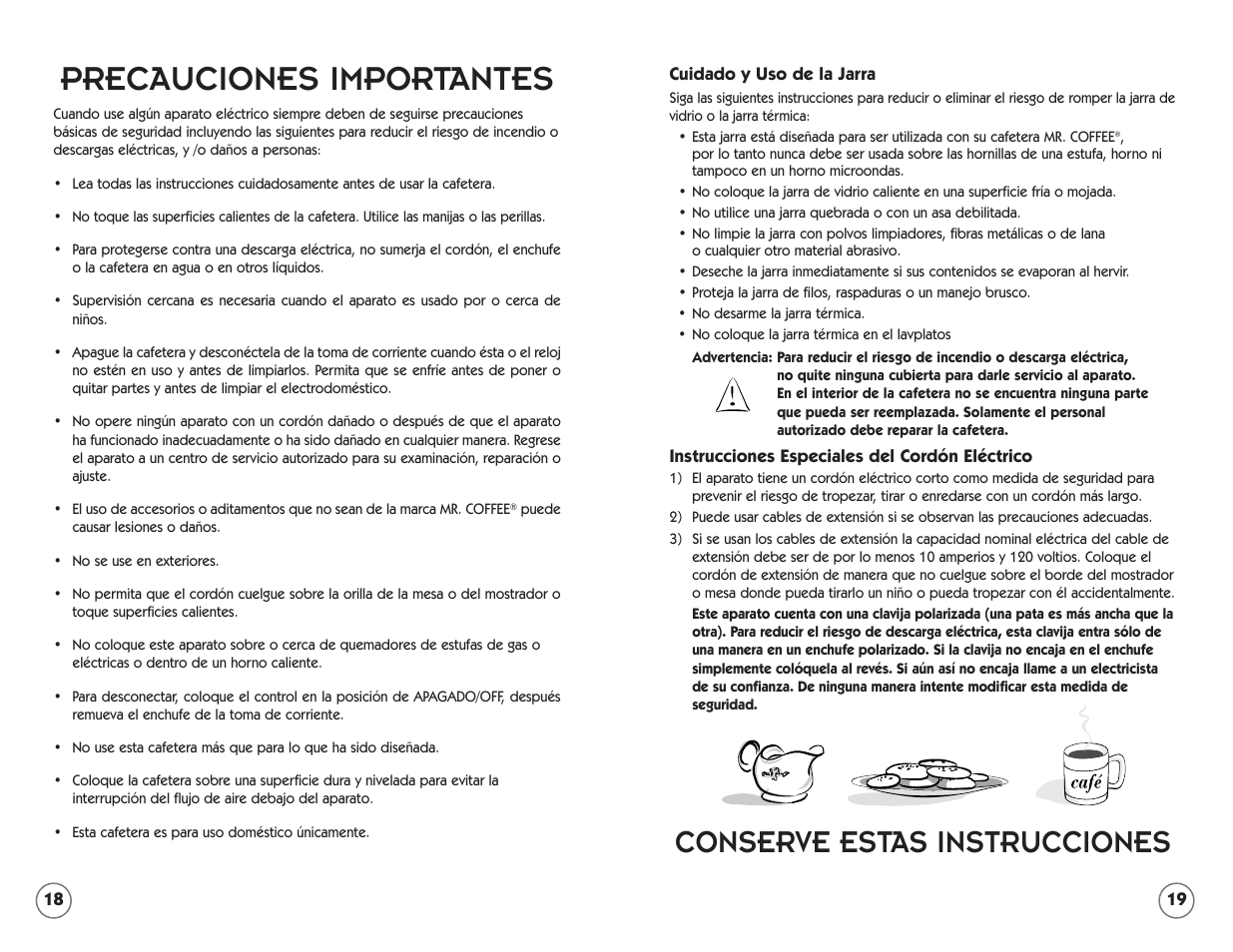 Precauciones importantes, Conserve estas instrucciones | Mr. Coffee TFTX85 User Manual | Page 18 / 18