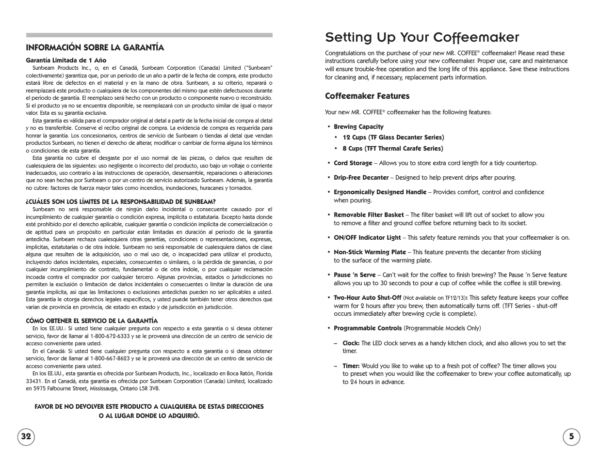 Setting up your coffeemaker, Coffeemaker features, 32 información sobre la garantía | Mr. Coffee TFTX85 User Manual | Page 5 / 18