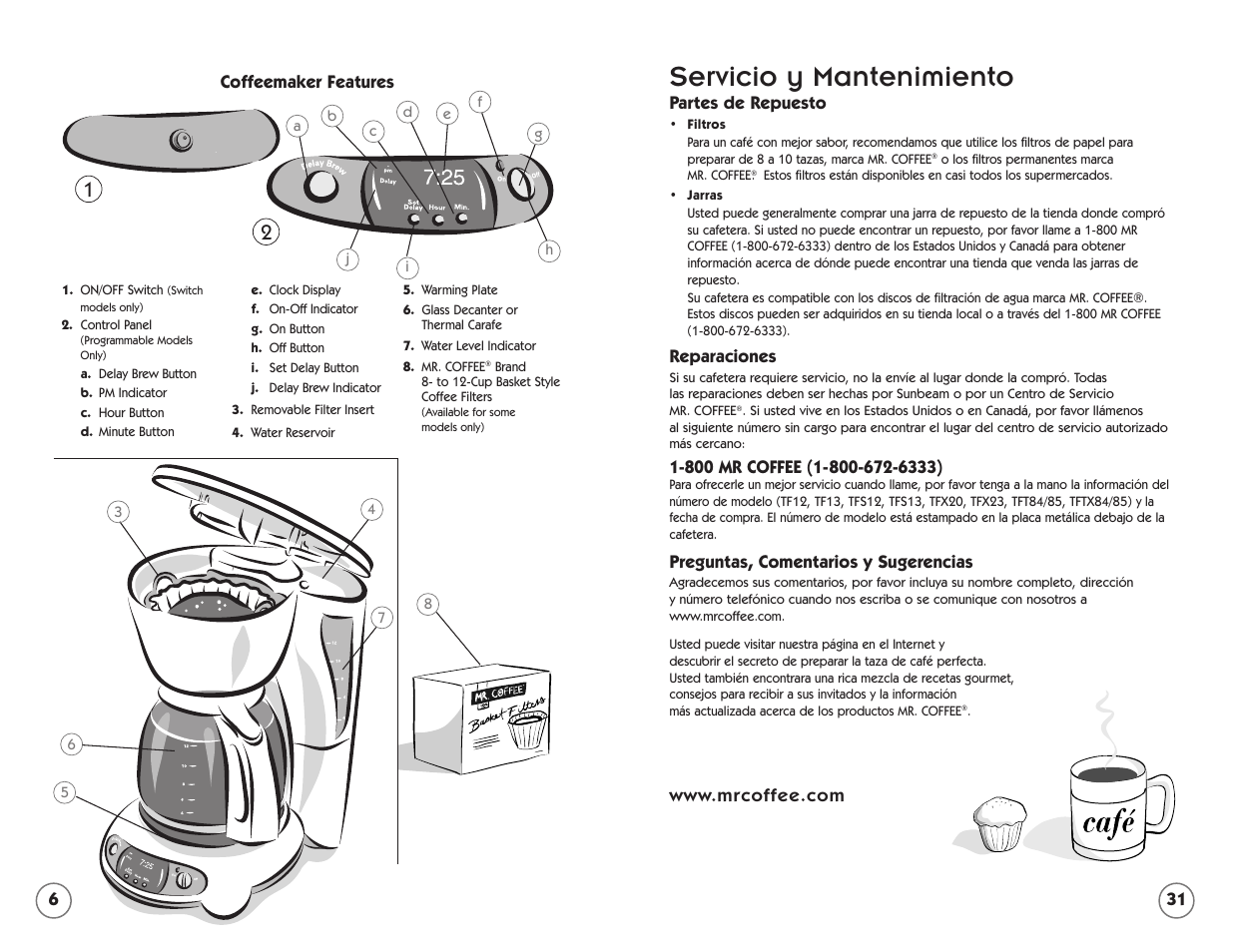 Servicio y mantenimiento | Mr. Coffee TFTX85 User Manual | Page 6 / 18