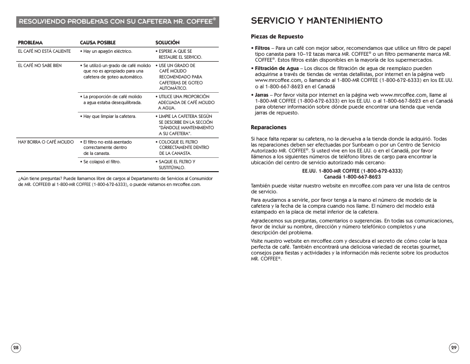 Servicio y mantenimiento, Resolviendo problemas con su cafetera mr. coffee | Mr. Coffee PSTX91 User Manual | Page 15 / 16