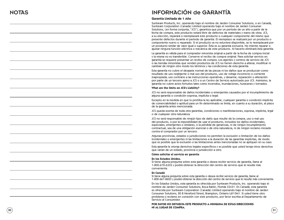 Información de garantía, Notas | Mr. Coffee PSTX91 User Manual | Page 16 / 16