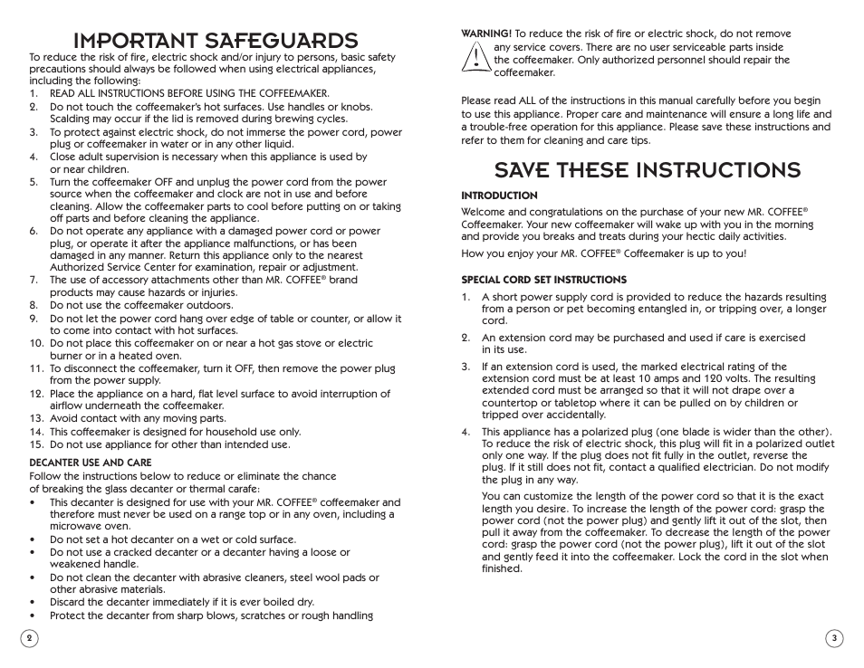 Important safeguards, Save these instructions | Mr. Coffee PSTX91 User Manual | Page 2 / 16