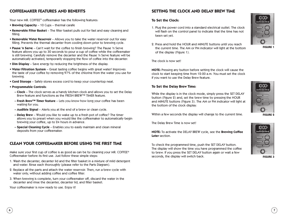 Coffeemaker features and benefits, Clean your coffeemaker before using the first time, Setting the clock and delay brew time | Mr. Coffee PSTX91 User Manual | Page 4 / 16