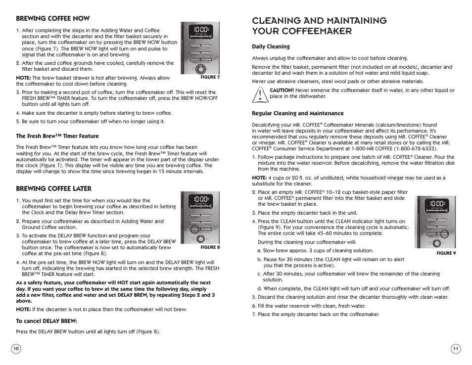 Cleaning and maintaining your coffeemaker, Brewing coffee now, Brewing coffee later | Mr. Coffee PSTX91 User Manual | Page 6 / 16