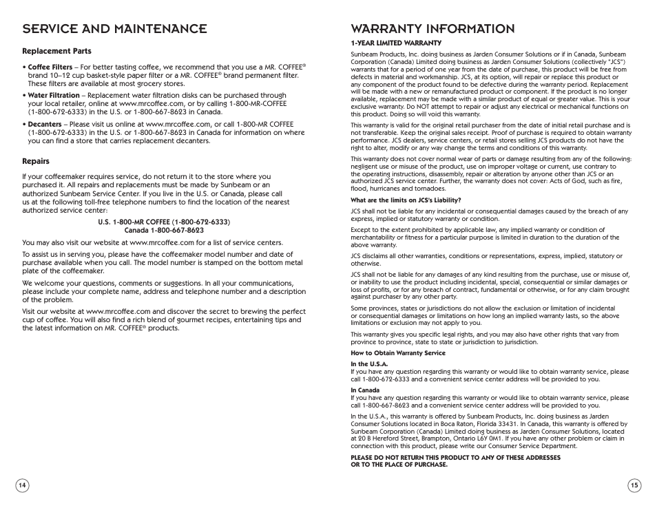 Service and maintenance, Warranty information | Mr. Coffee PSTX91 User Manual | Page 8 / 16