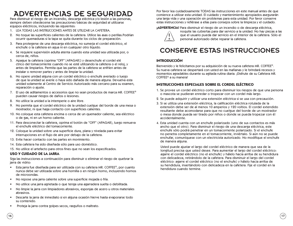 Advertencias de seguridad, Conserve estas instrucciones | Mr. Coffee PSTX91 User Manual | Page 9 / 16