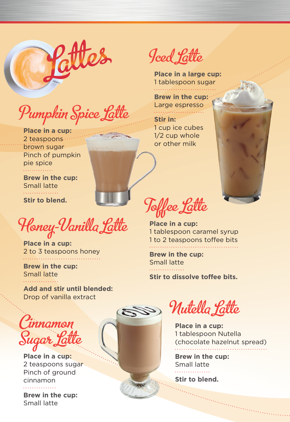 Iced latte, Cinnamon sugar latte, Toffee latte | Honey-vanilla latte, Pumpkin spice latte, Nutella latte | Mr. Coffee MRC26251 User Manual | Page 10 / 12