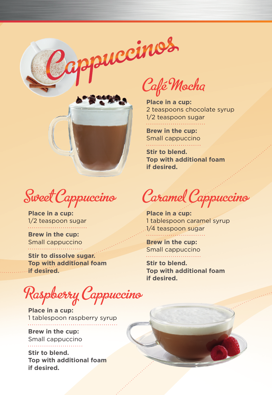 Raspberry cappuccino, Café mocha, Sweet cappuccino | Caramel cappuccino | Mr. Coffee MRC26251 User Manual | Page 11 / 12