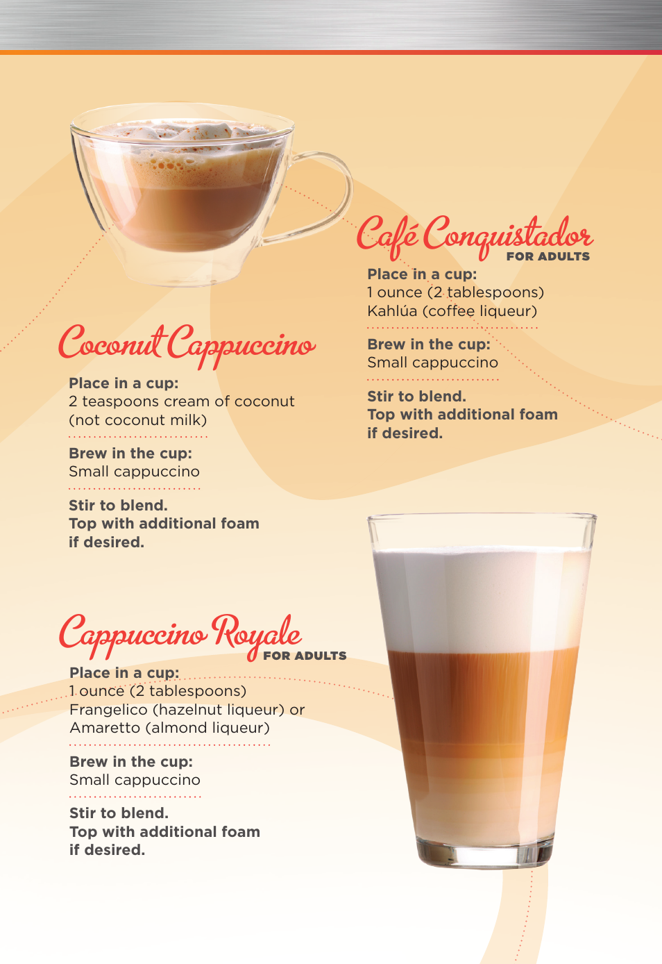 Coconut cappuccino, Café conquistador, Cappuccino royale | Mr. Coffee MRC26251 User Manual | Page 12 / 12