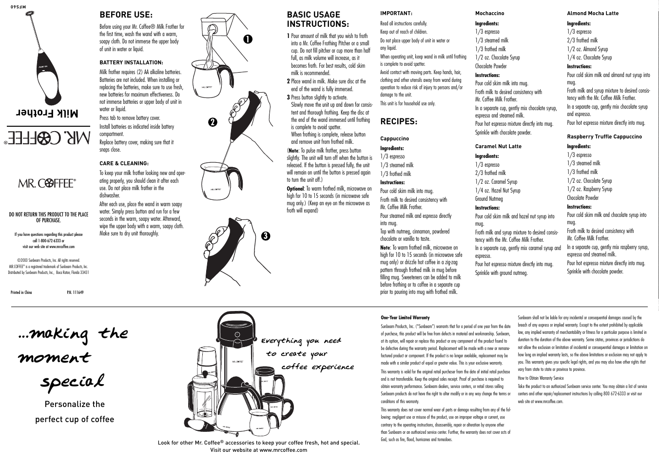 Making the moment special, Milk frother, Before use | 12 3 basic usage instructions, Recipes, Personalize the perfect cup of coffee | Mr. Coffee MFS60 User Manual | Page 2 / 2