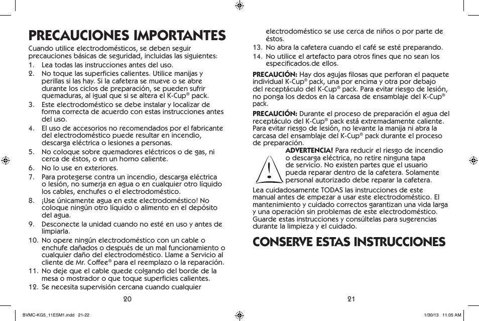 Precauciones importantes, Conserve estas instrucciones | Mr. Coffee BVMC-KG5 User Manual | Page 11 / 20