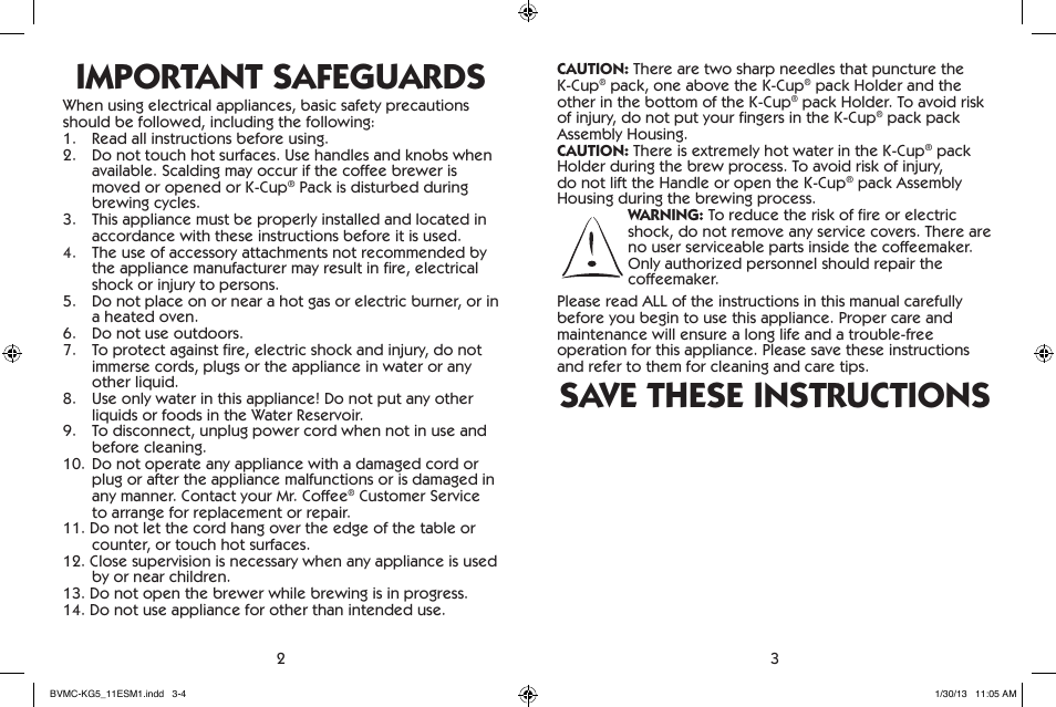 Important safeguards, Save these instructions | Mr. Coffee BVMC-KG5 User Manual | Page 2 / 20