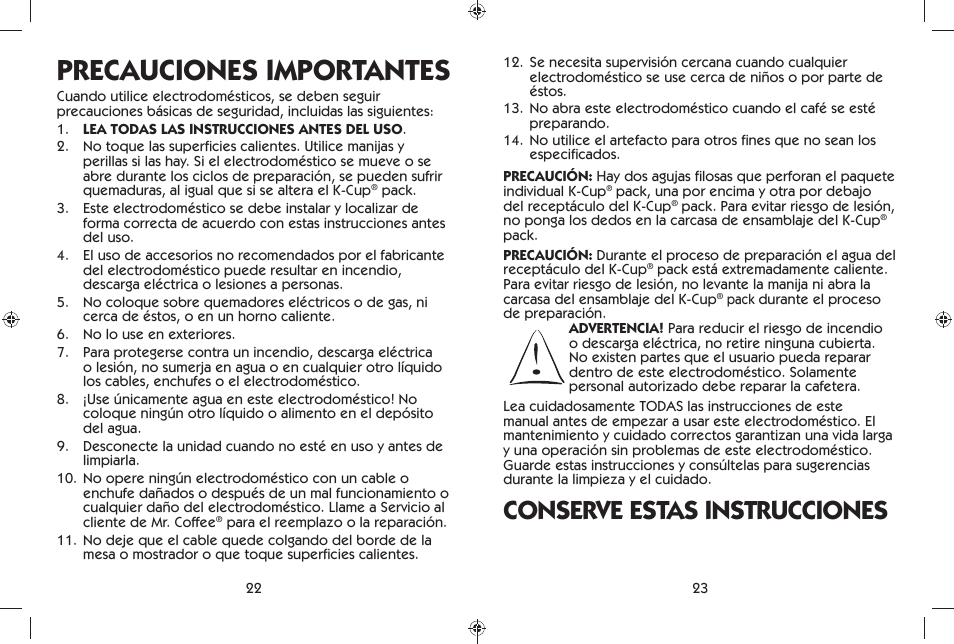 Precauciones importantes, Conserve estas instrucciones | Mr. Coffee BVMC-KG6 User Manual | Page 12 / 22