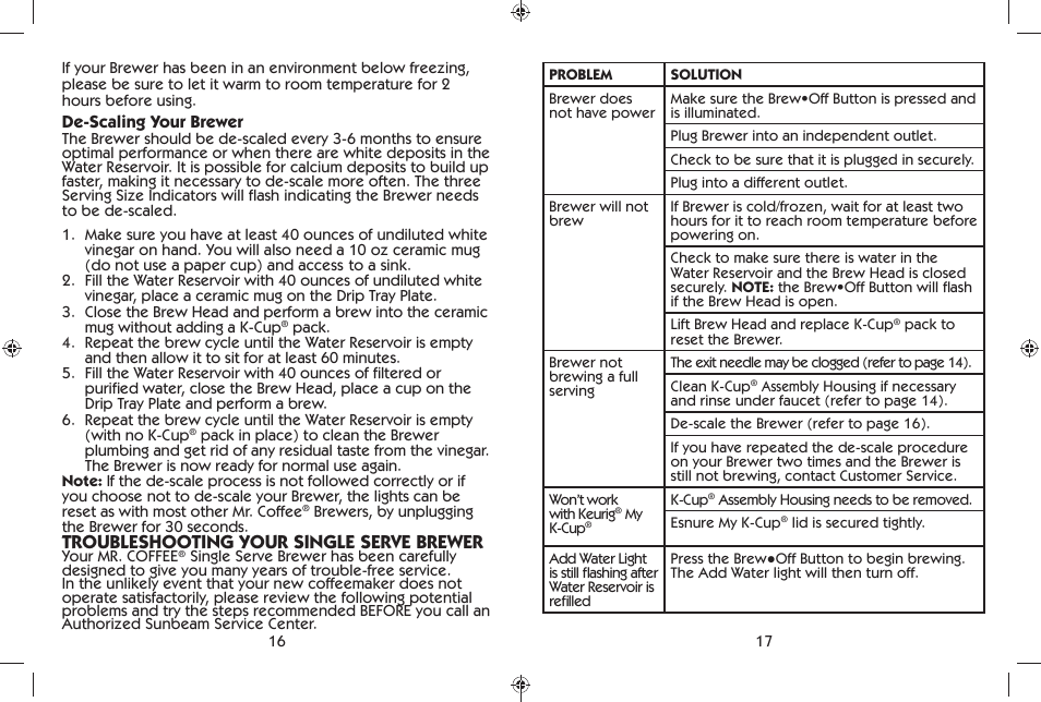 Troubleshooting your single serve brewer | Mr. Coffee BVMC-KG6 User Manual | Page 9 / 22