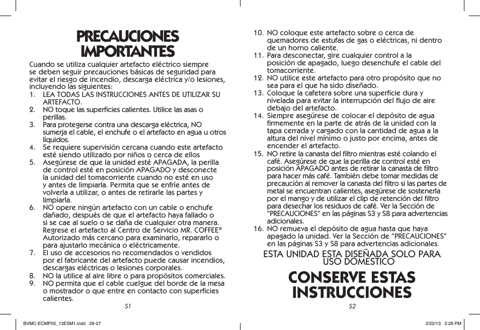 Precauciones importantes, Conserve estas instrucciones, Esta unidad esta diseñada solo para uso domestico | Mr. Coffee BVMC-ECMP55 User Manual | Page 14 / 26
