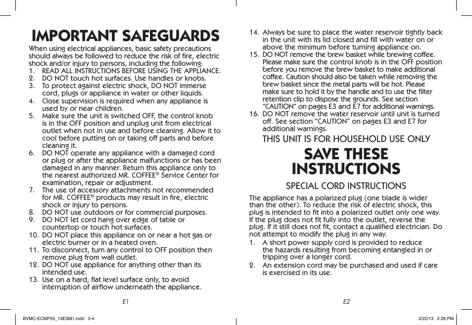Important safeguards, Save these instructions, This unit is for household use only | Special cord instructions | Mr. Coffee BVMC-ECMP55 User Manual | Page 2 / 26
