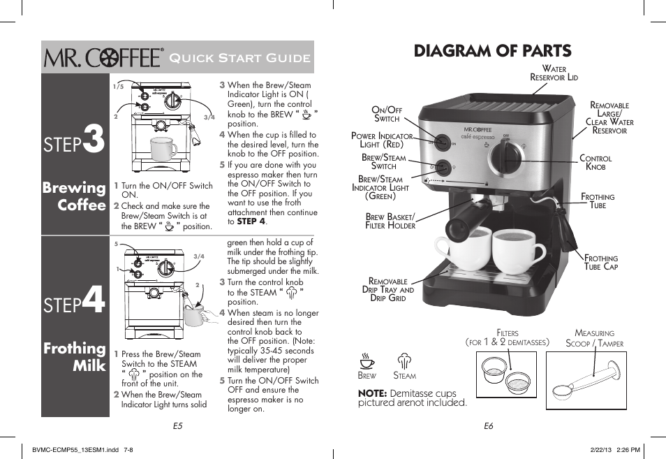 Step, Diagram of parts, Quick start guide | Brewing coffee, Frothing milk | Mr. Coffee BVMC-ECMP55 User Manual | Page 4 / 26