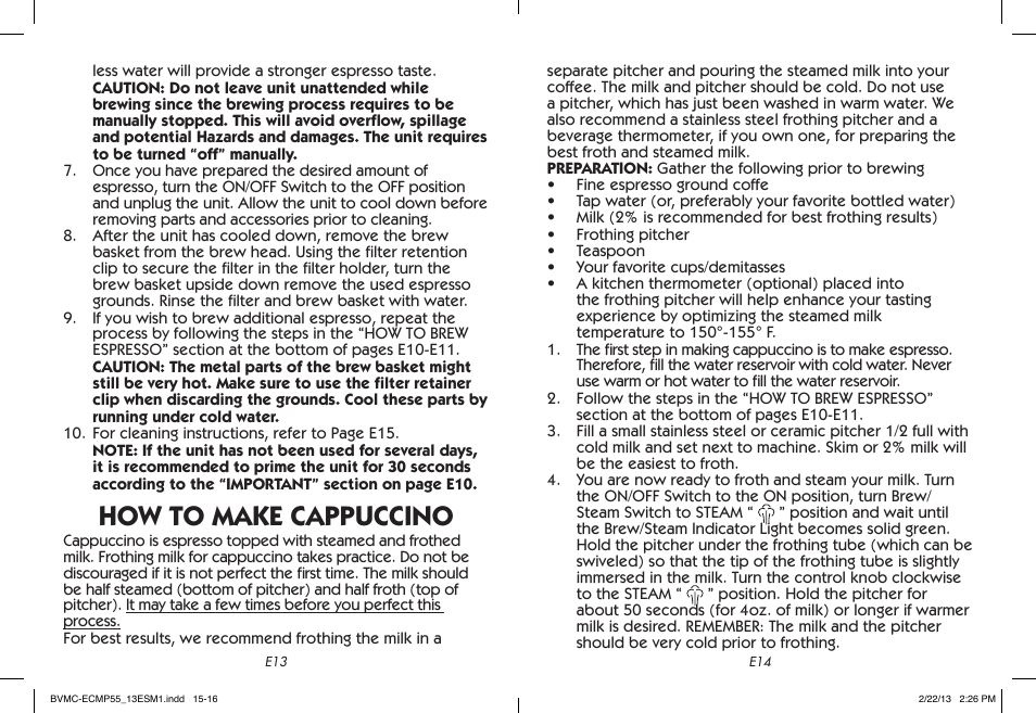 How to make cappuccino | Mr. Coffee BVMC-ECMP55 User Manual | Page 8 / 26