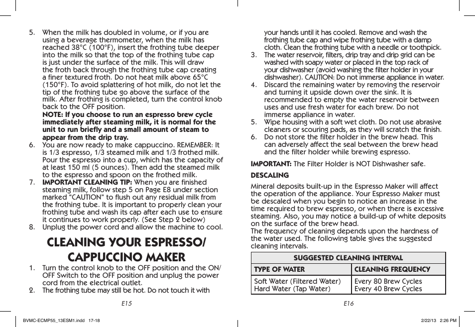 Cleaning your espresso/ cappuccino maker | Mr. Coffee BVMC-ECMP55 User Manual | Page 9 / 26