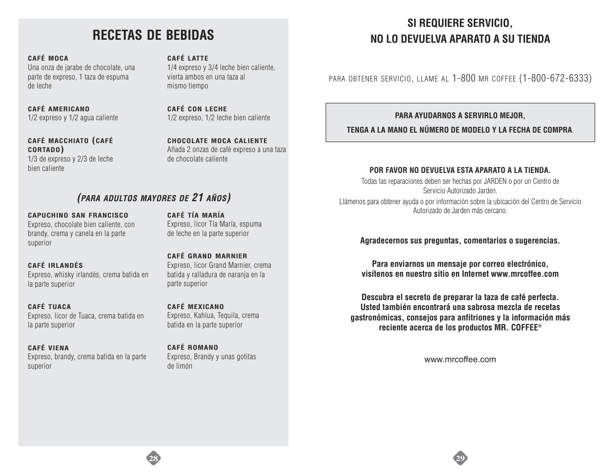 Recetas, Bebidas | Mr. Coffee ECM160 User Manual | Page 15 / 16
