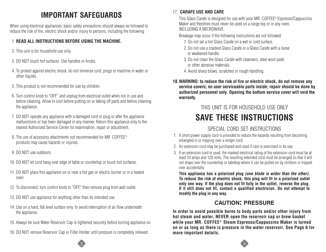 Save, These, Instructions | Important, Safeguards | Mr. Coffee ECM160 User Manual | Page 2 / 16