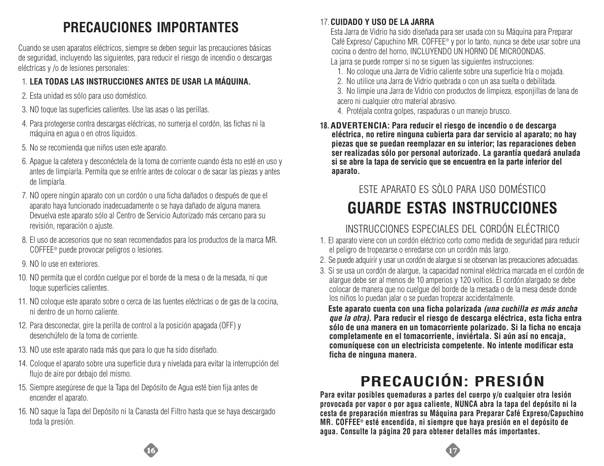 Guarde, Estas, Instrucciones | Precaución: presión, Precauciones, Importantes | Mr. Coffee ECM160 User Manual | Page 9 / 16