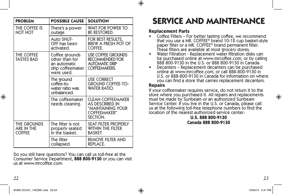 Service and maintenance | Mr. Coffee BVMC-ECX User Manual | Page 12 / 29