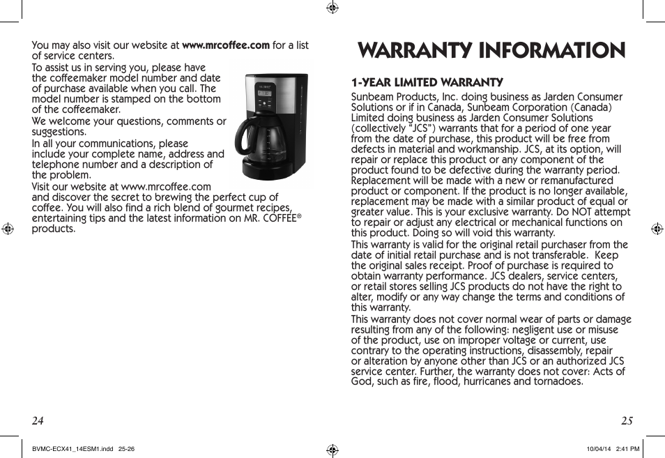 Warranty information | Mr. Coffee BVMC-ECX User Manual | Page 13 / 29