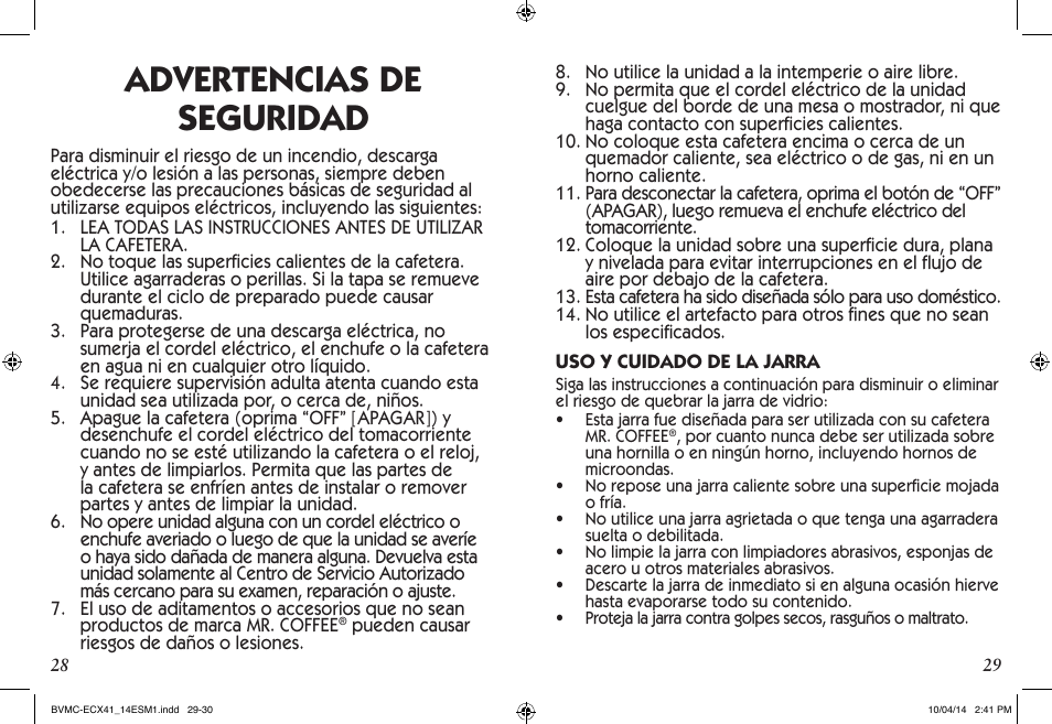 Advertencias de seguridad | Mr. Coffee BVMC-ECX User Manual | Page 15 / 29