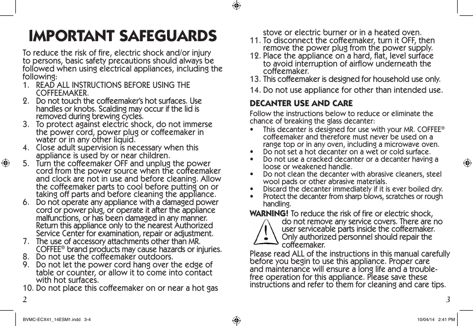 Important safeguards | Mr. Coffee BVMC-ECX User Manual | Page 2 / 29