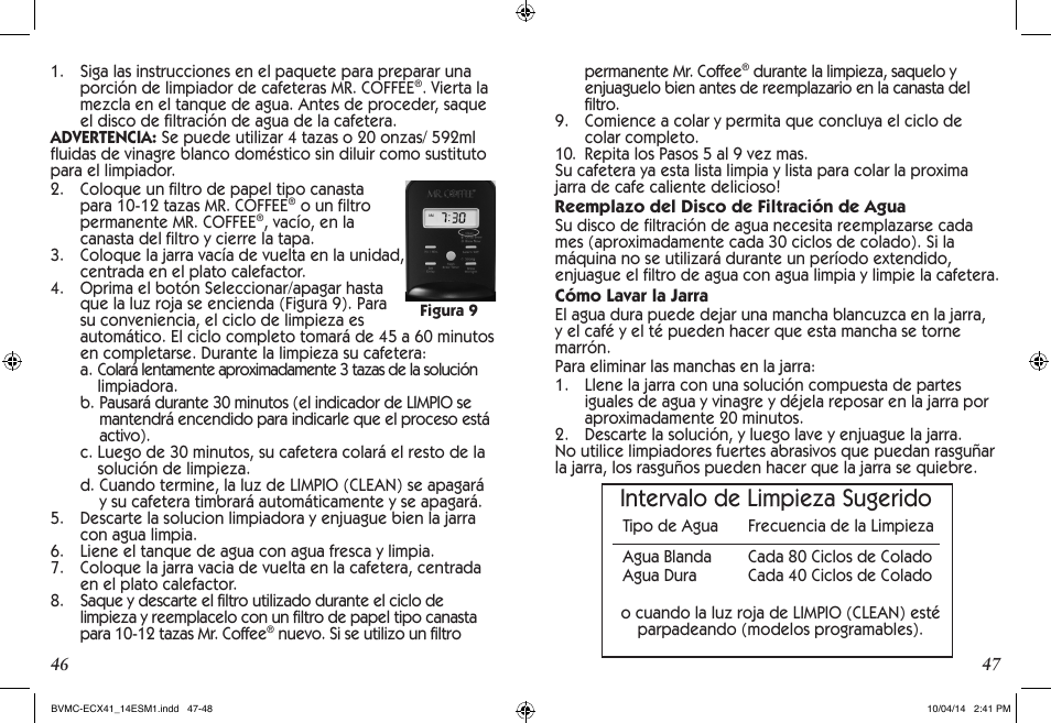 Intervalo de limpieza sugerido | Mr. Coffee BVMC-ECX User Manual | Page 24 / 29