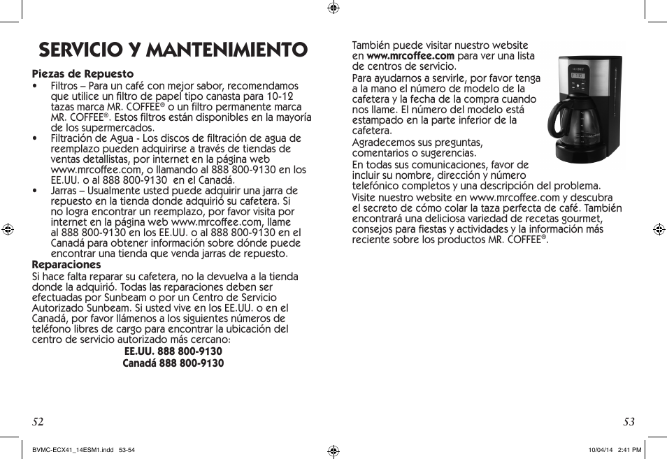 Servicio y mantenimiento | Mr. Coffee BVMC-ECX User Manual | Page 27 / 29