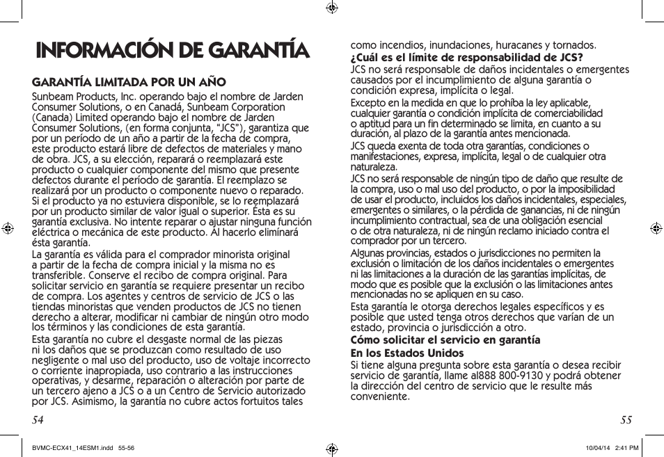 Información de garantía | Mr. Coffee BVMC-ECX User Manual | Page 28 / 29