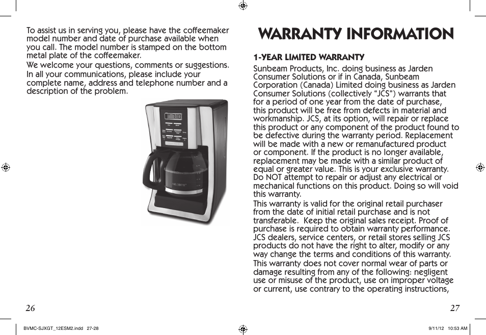 Warranty information | Mr. Coffee BVMC-SJX33GT User Manual | Page 14 / 31