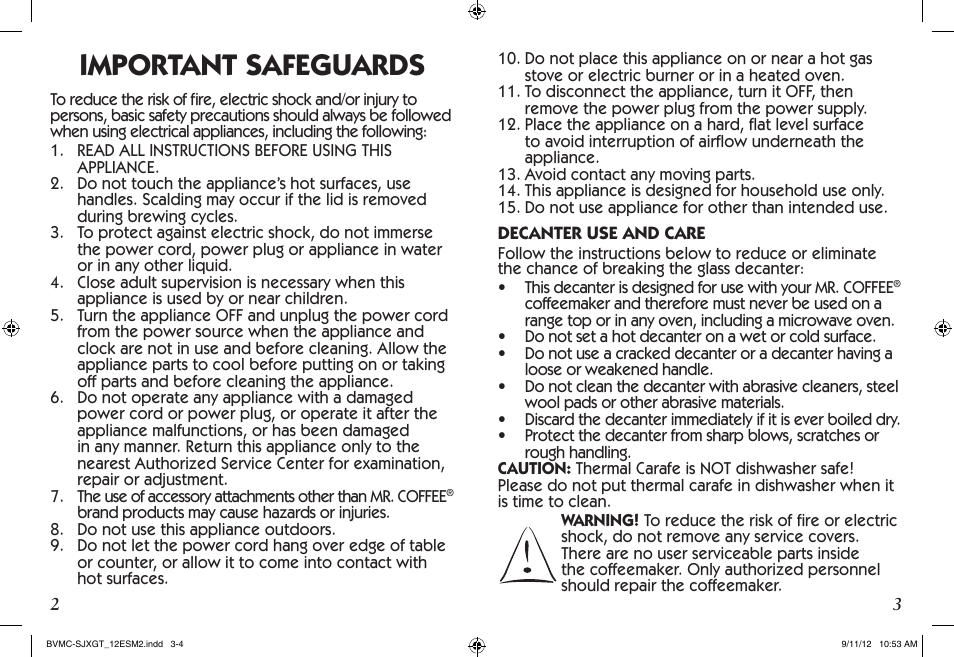 Important safeguards | Mr. Coffee BVMC-SJX33GT User Manual | Page 2 / 31