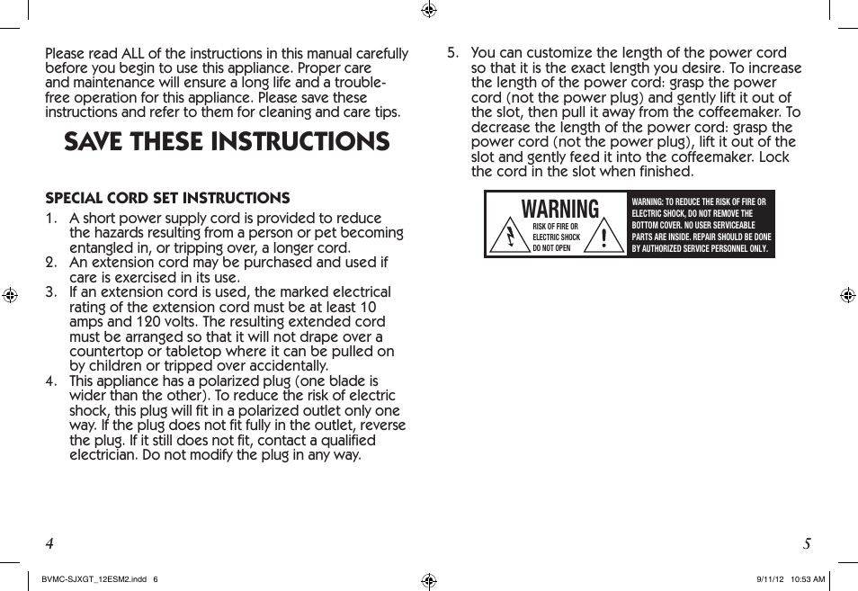 Save these instructions, Warning | Mr. Coffee BVMC-SJX33GT User Manual | Page 3 / 31