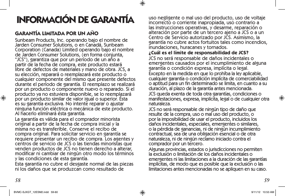 Información de garantía | Mr. Coffee BVMC-SJX33GT User Manual | Page 30 / 31