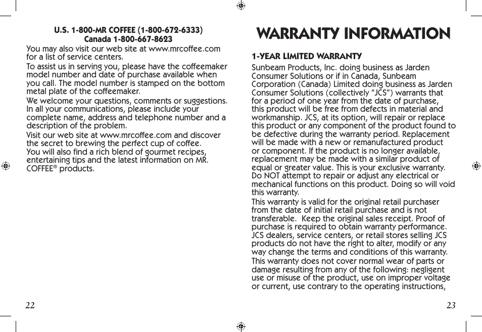 Warranty information | Mr. Coffee SCTX Series User Manual | Page 12 / 26