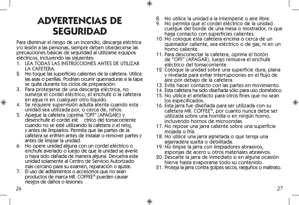 Advertencias de seguridad | Mr. Coffee SCTX Series User Manual | Page 14 / 26