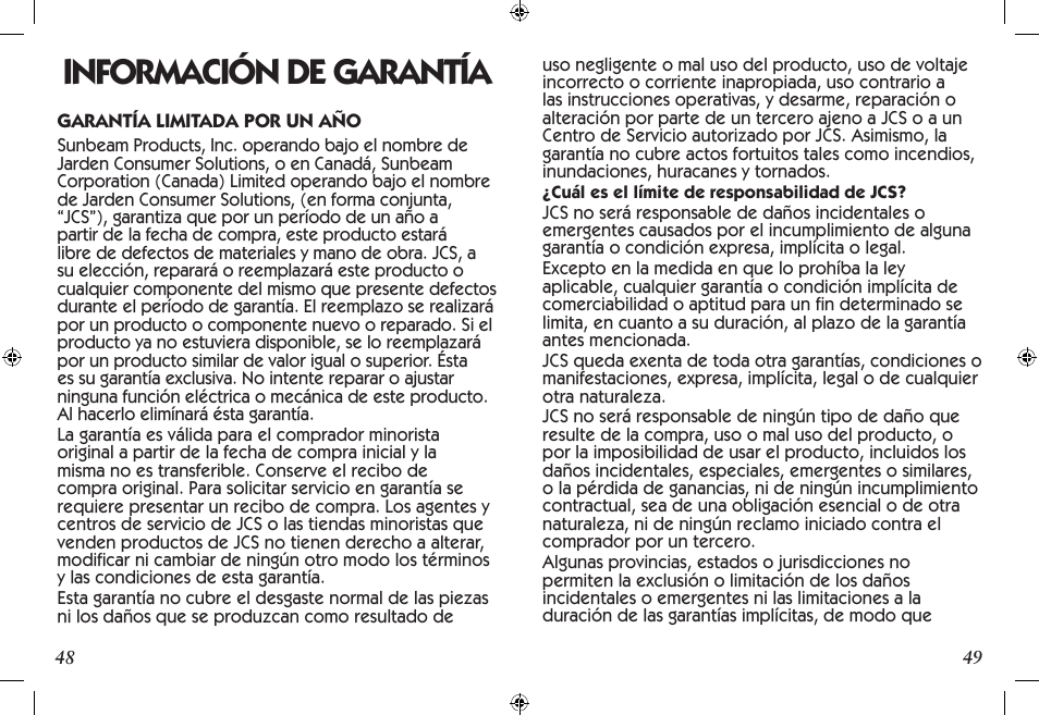 Información de garantía | Mr. Coffee SCTX Series User Manual | Page 25 / 26