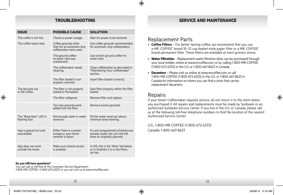 Replacement parts, Repairs, Troubleshooting | Service and maintenance | Mr. Coffee PSTX91WE User Manual | Page 12 / 13