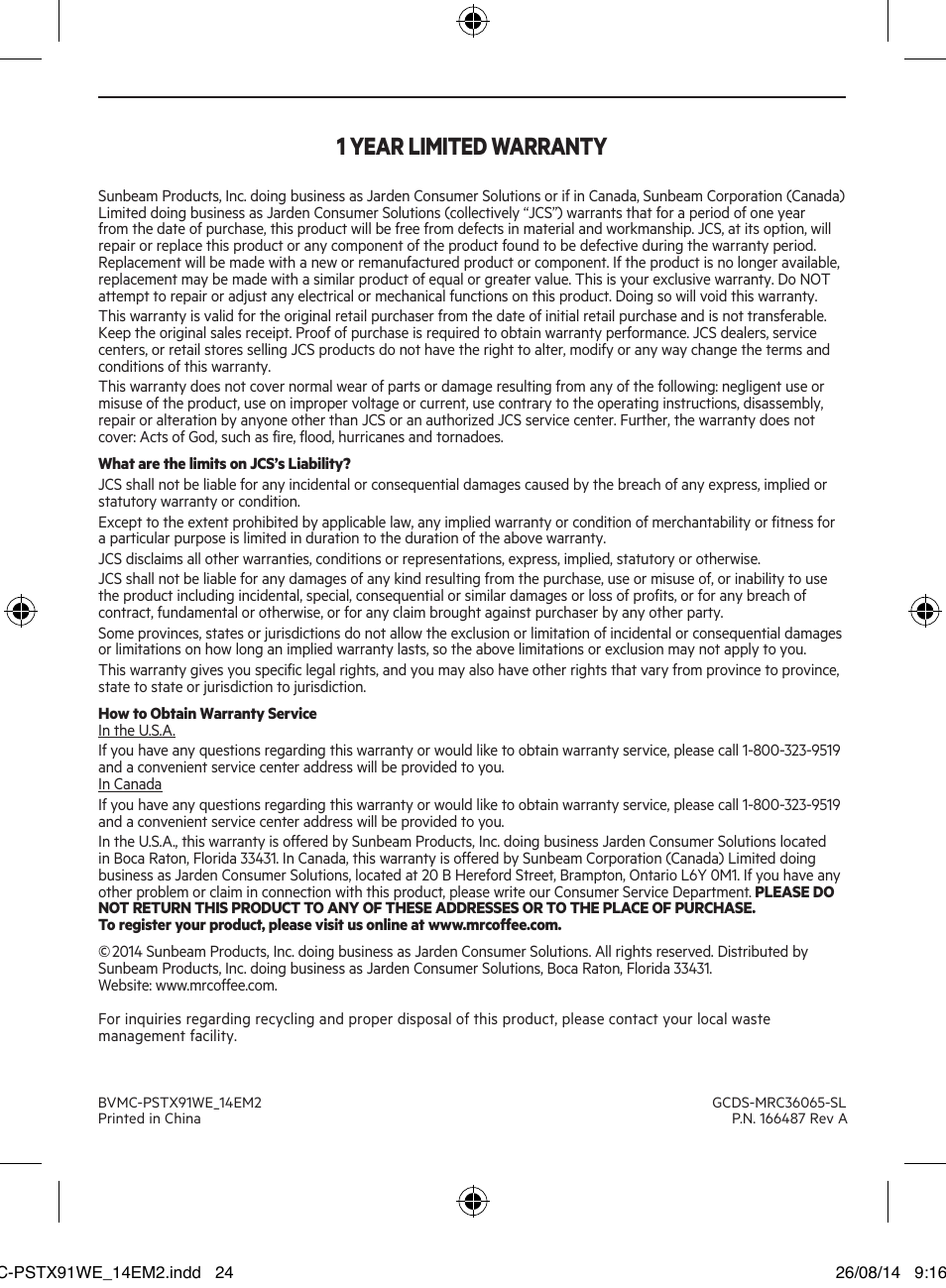 1 year limited warranty | Mr. Coffee PSTX91WE User Manual | Page 13 / 13