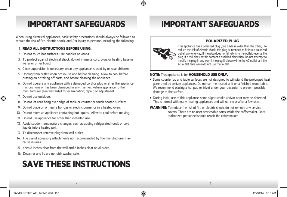 Save these instructions, Important safeguards | Mr. Coffee PSTX91WE User Manual | Page 2 / 13