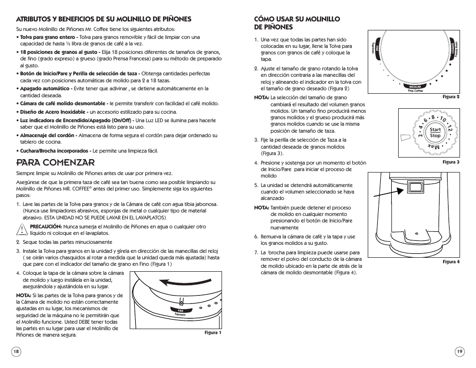 Para comenzar, Atributos y beneficios de su molinillo de piñones, Cómo usar su molinillo de piñones | Mr. Coffee BMH Series User Manual | Page 10 / 14