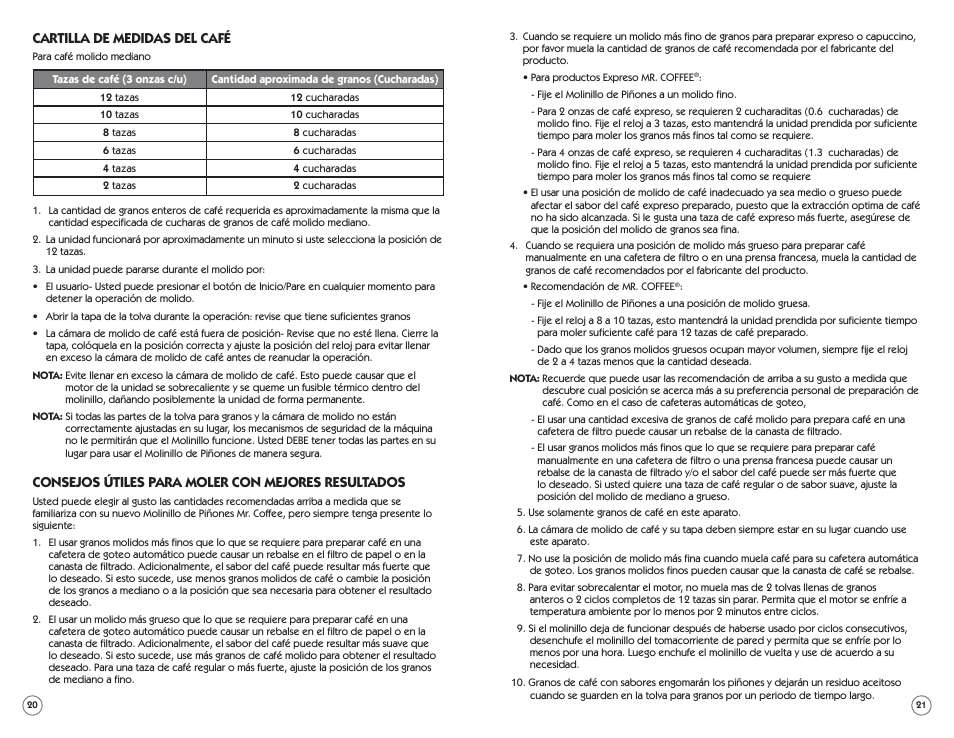 Cartilla de medidas del café, Consejos útiles para moler con mejores resultados | Mr. Coffee BMH Series User Manual | Page 11 / 14
