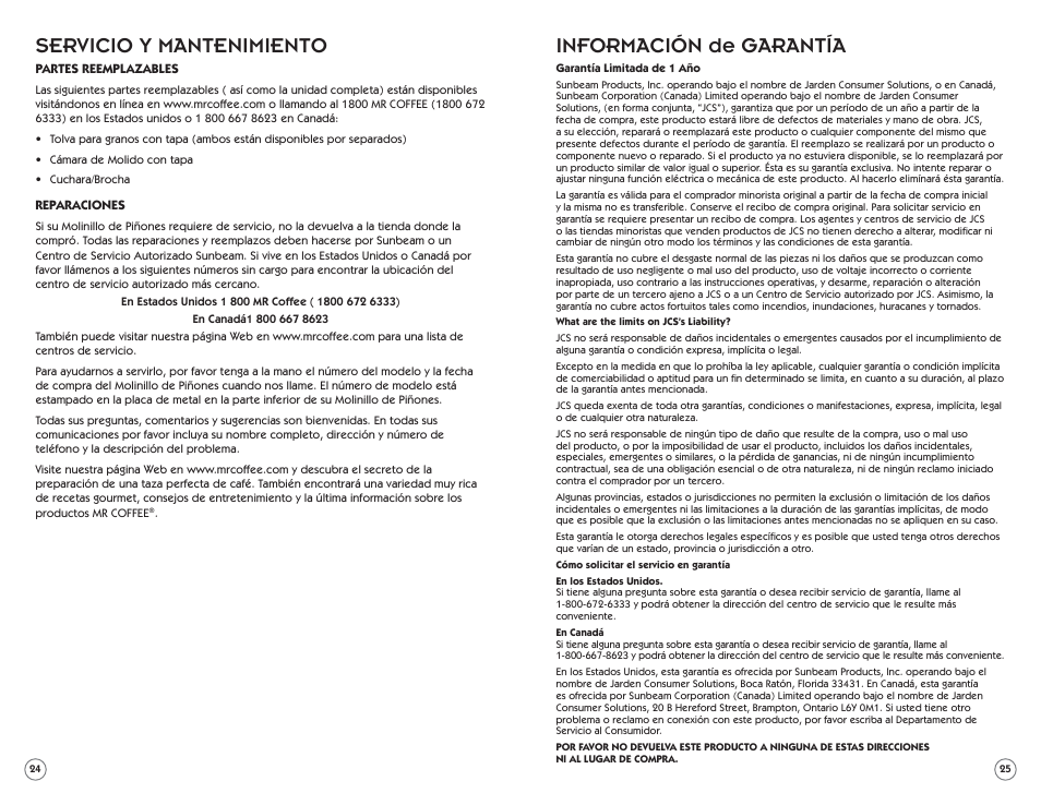 Información de garantía, Servicio y mantenimiento | Mr. Coffee BMH Series User Manual | Page 13 / 14