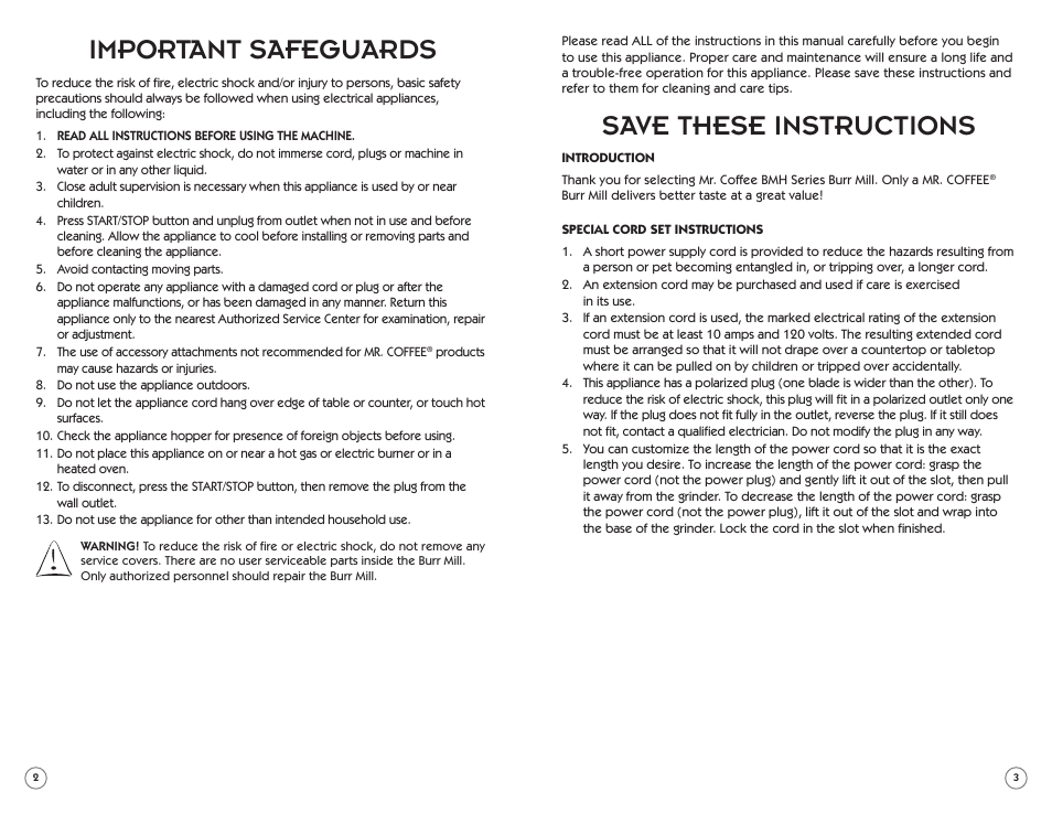 Important safeguards, Save these instructions | Mr. Coffee BMH Series User Manual | Page 2 / 14